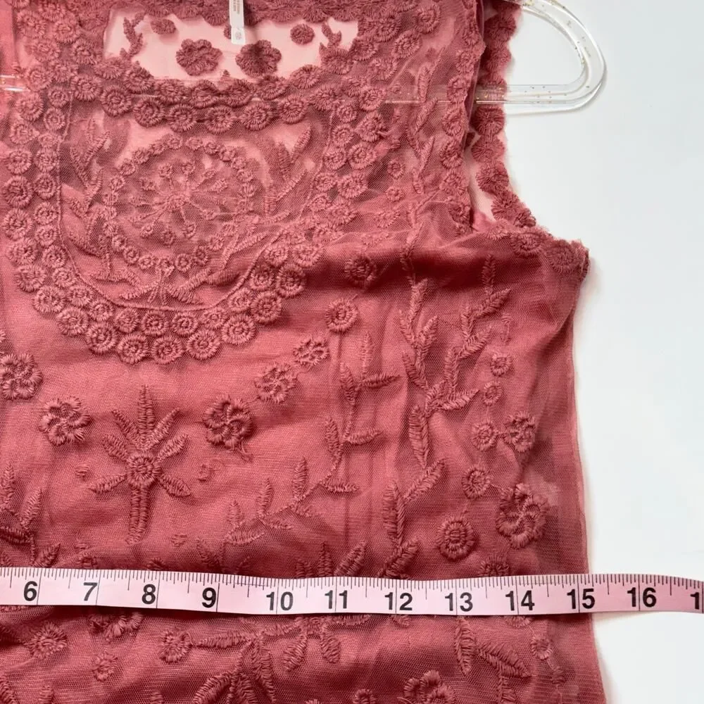 Free People Embroidered Mesh Mini Dress in Red Rouge Sheer with Liner XS